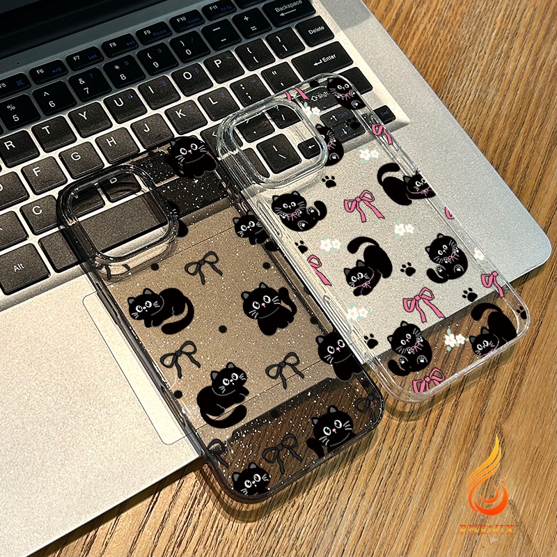 เคส iPhone 16 Pro Max iPhone 11 เคสใสแบบแวววาว TPU นุ่มสีสันสดใส แมวดำน่ารักและธนู 15 14 13 12 Pro max XS XR 7 8 Plus