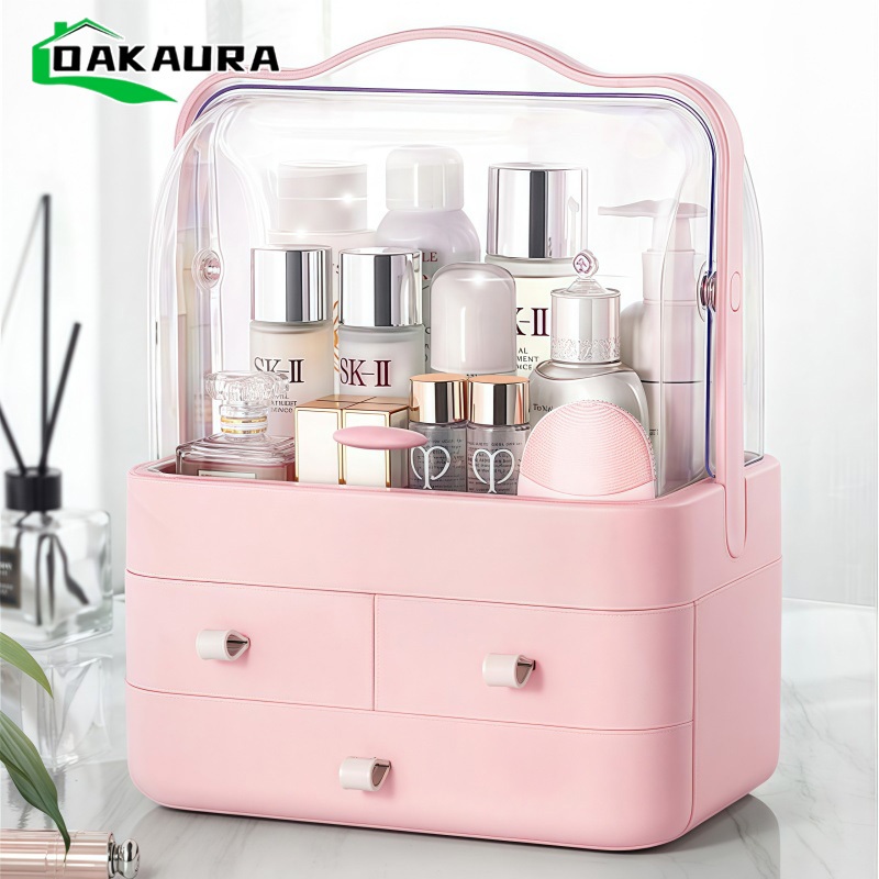 [พร้อมส่ง]กล่องเก็บเครื่องสำอาง กล่องใส่สกินแคร์ ฝาใส มีลิ้นชัก กันฝุ่น ตั้งโต๊ะ สไตล์มินิมอล