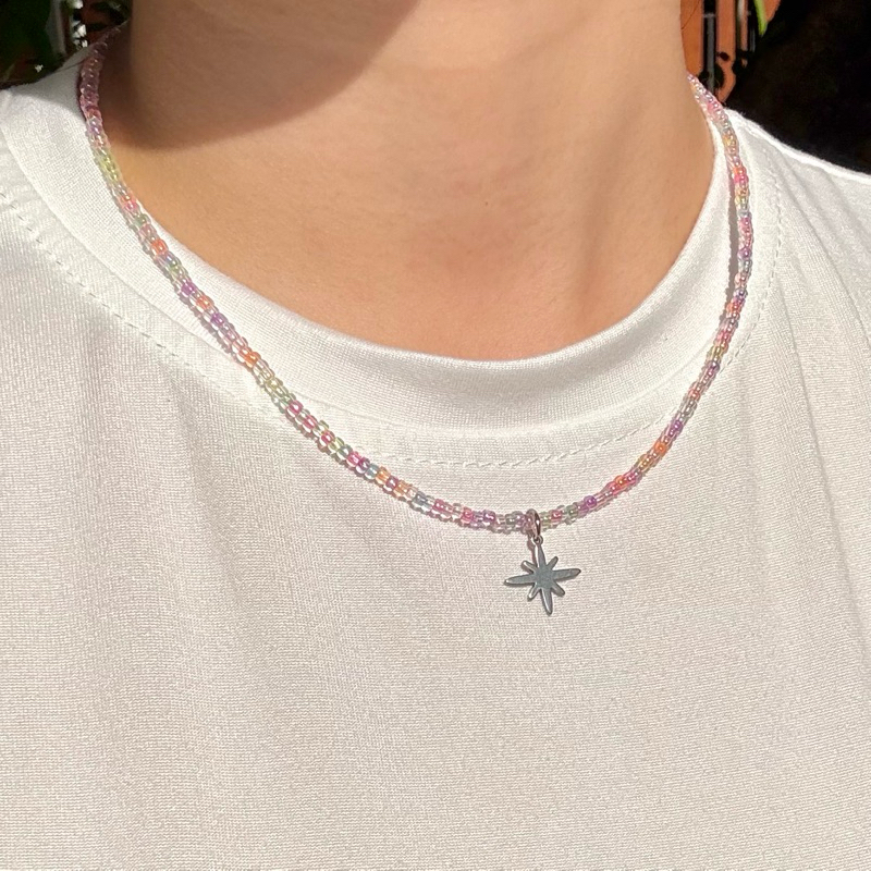 Piing me Jelly Beads Necklace | สร้อยคอลูกปัดเม็ดทรายเม็ดเล็กสีเยลลี่พร้อมจี้สแตนเลสลายวิงค์