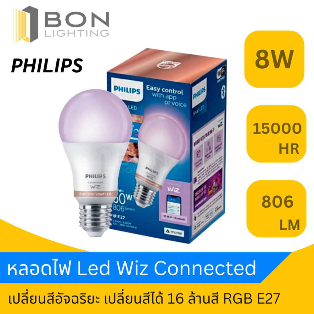 Philips Wiz Led หลอดไฟเปลี่ยนสีอัจฉริยะ เปลี่ยนสีได้ 16 ล้านสี ขนาด 8 วัตต์ E27