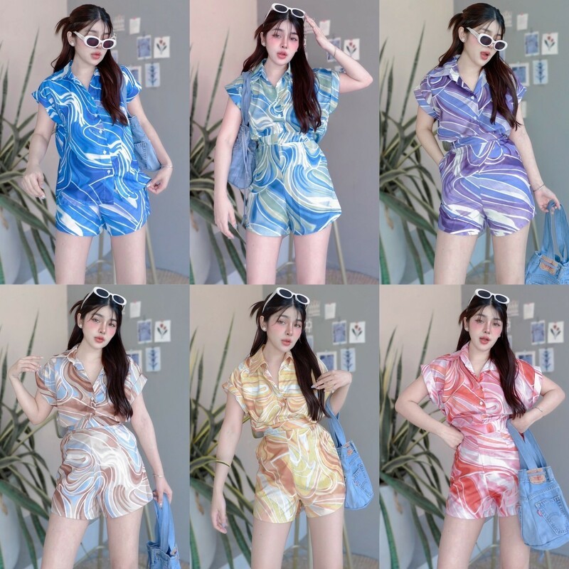 TT20538 Set 2 ชิ้น เสื้อเชิ้ต แขนเบิ้ล พิมพ์ลาย  กางเกงขาสั้น