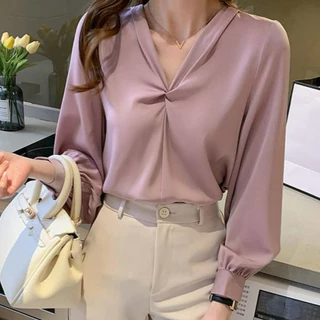 K604 🧸 เสื้อเชิ้ตสาวอวบ รอบอก60++ คอวี แขนยาว เรียบหรู ดูแพง สไตล์ลูกคุณหนูไฮโซ 🧸