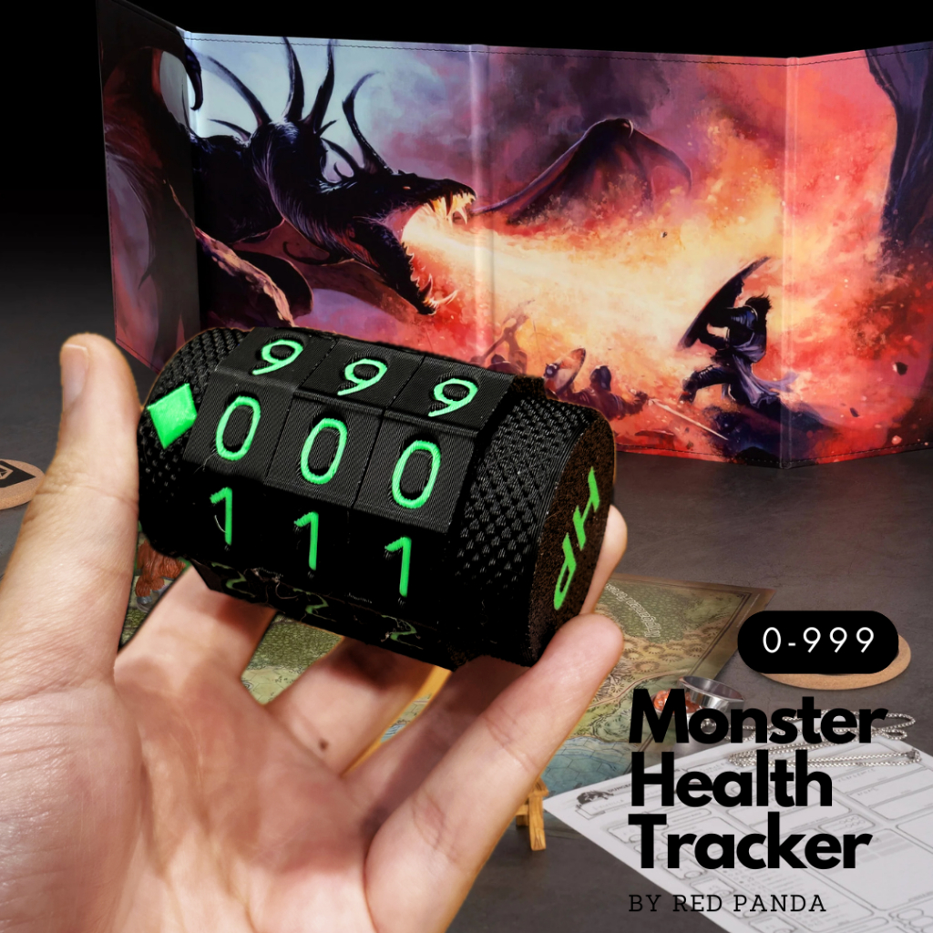 Monster Health Tracker I ตัวนับเลือด Hero / Monster (งาน PLA สีดำ - ตัวเลขสีเขียว) - นับได้ 0-999 [P
