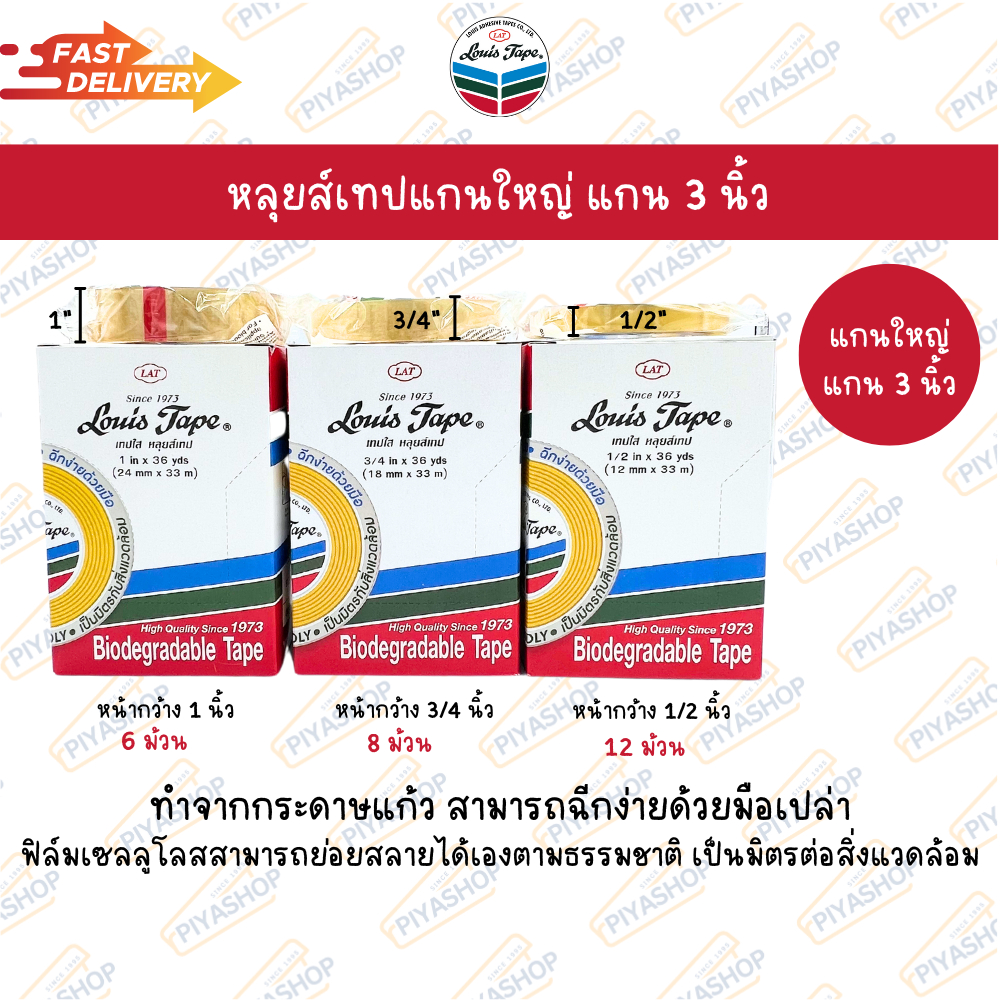 หลุยส์เทปแกนใหญ่ 36 หลา Louis Tape เทปหลุยส์ เทปใส หน้ากว้าง 3/4 นิ้ว, 1/2 นิ้ว, 1 นิ้ว
