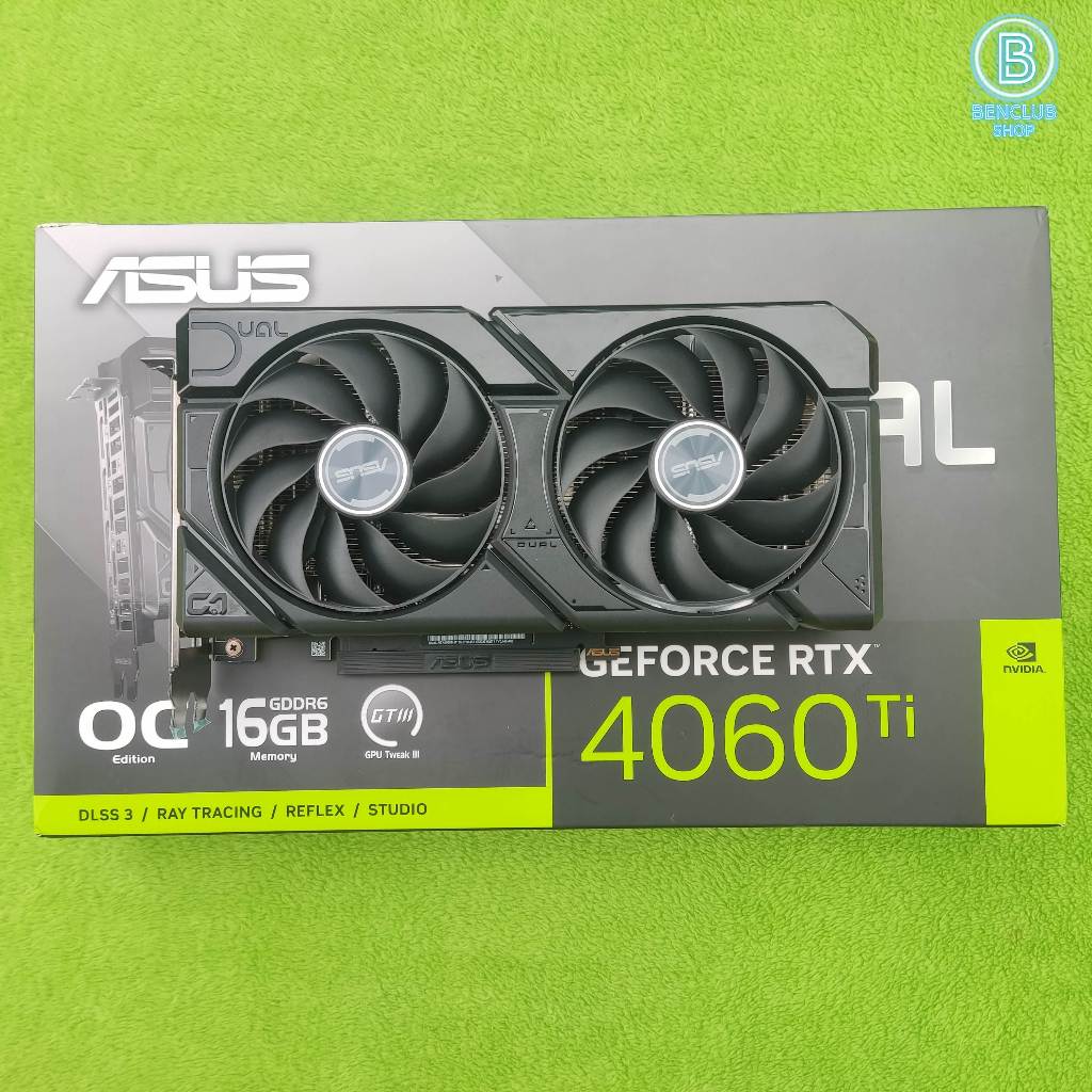 การ์ดจอ ASUS RTX 4060 Ti DUAL BLACK EDITION 16G ต่อไฟ8pinอุปกรณ์ครบกล่อง ประกันนอกตีหมด สินค้ามือสอง