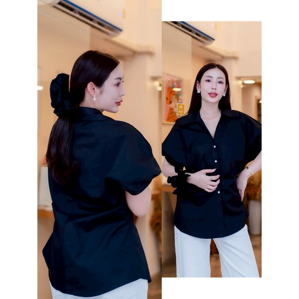 เสื้อเชิ้ต แขนพอง (ฟรี) ยางมัดผมเข้าชุด เชิ้ตคอวี อก 37-40