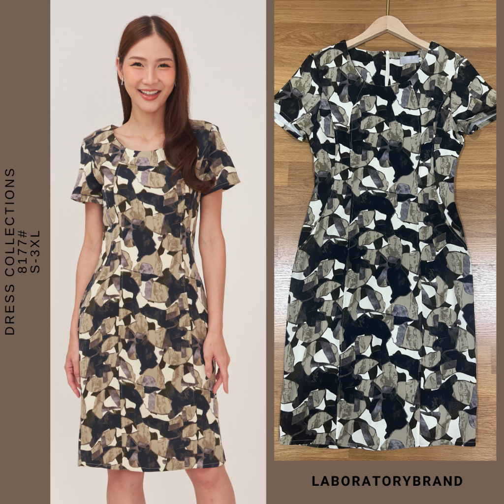 Laboratory 8177# เดรสผ้าพิมพ์ลายอัดผ้ากาวทั้งชุด ทรงสอบ ไม่มีกระเป๋าไซส์ S-3XL