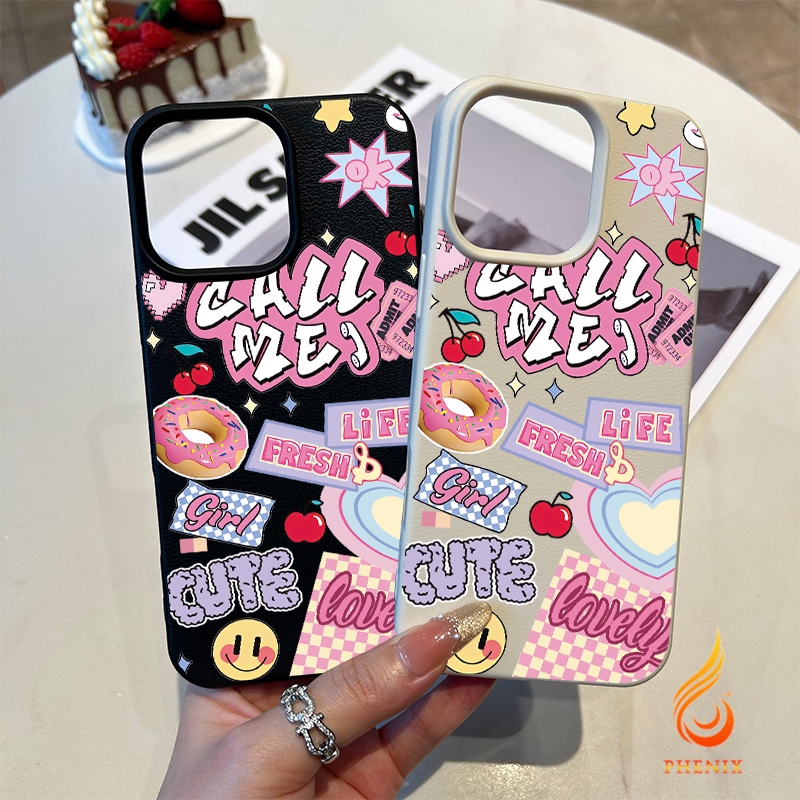 เคสหนัง iPhone 16 11 เคสนิ่ม TPU สีลูกกวาด สำหรับ ลายโดนัทน่ารัก Compatible 14 13 12 Pro max XS XR 7 8Plus