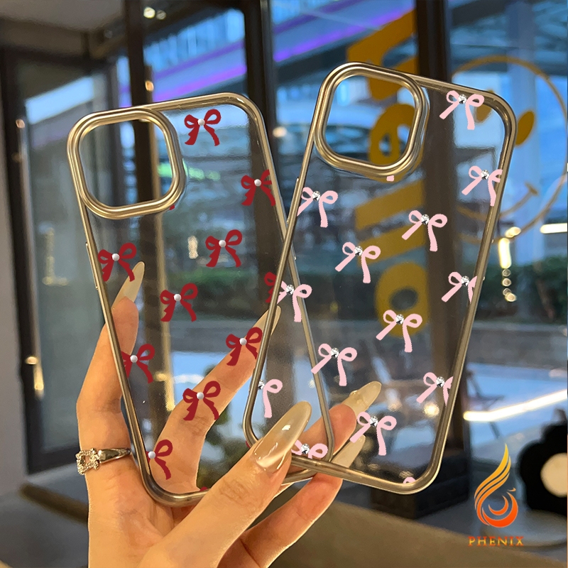 แฟชั่นโบว์สีแดงเข้ากันได้เคสไอโฟน 16 13 11 15 XR 14 12 Pro Max 8 7 16 Plus X XS MAX SE 2020 สร้อยข้อมือชุบกรอบรูปเคส