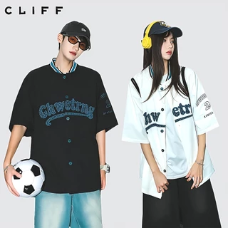 CLIFF ฤดูร้อนสไตล์อเมริกัน เสื้อเชิ้ตแขนสั้น พิมพ์ลายตัวอักษร สไตล์วิทยาลัย แบบหลวมลำลอง ชุดคู่รัก