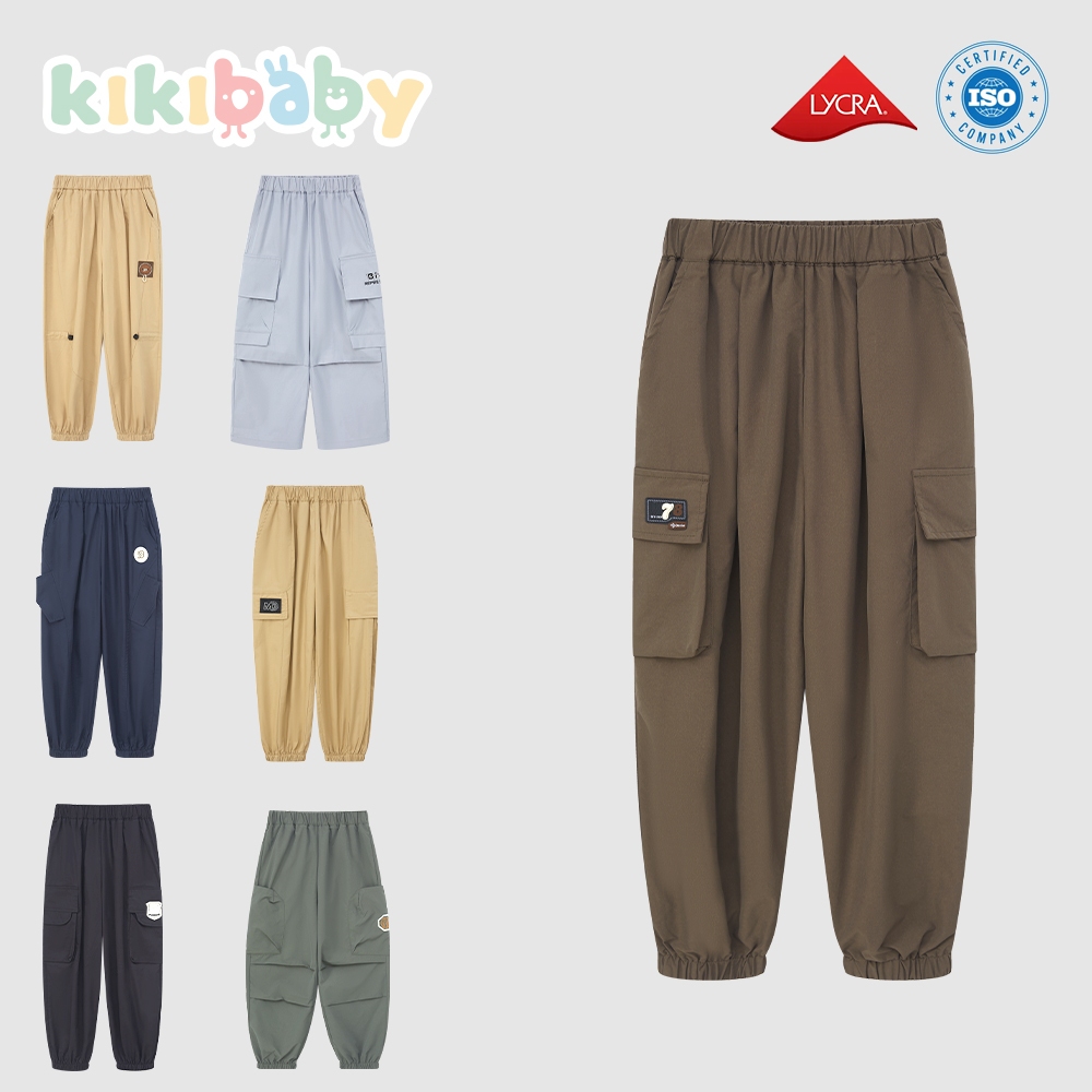 [130-160] กางเกงคาร์โก้ ขาตรงทรงหลวม Cargo กระเป๋า2ใบ เอวสูง สไตล์วินเทจ ผ้าร่ม สไตล์เกาหลี เอวยืด สายรัด KKL