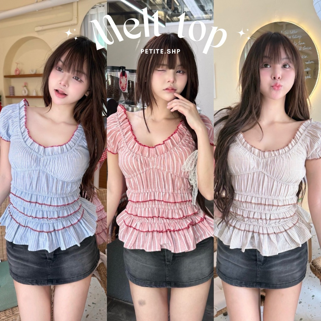 Petite♡︎ Melt top เสื้อสม็อคทั้งตัวผ้าลายริ้วกุ๊นด้ายแดง สไตล์เกาหลีเกาใจ ลายจุด Polkadot ใส่ได้ทั้งปาดไหล่และขึ้นไหล่