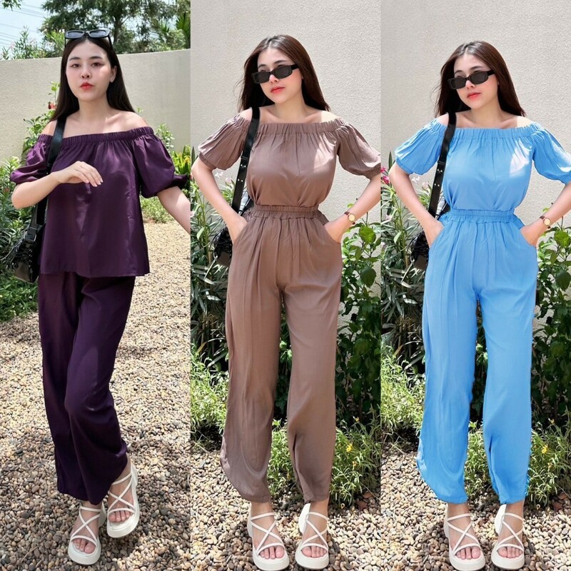 TT21061 Set เสื้อเปิดไหล่+กางเกงขายาว