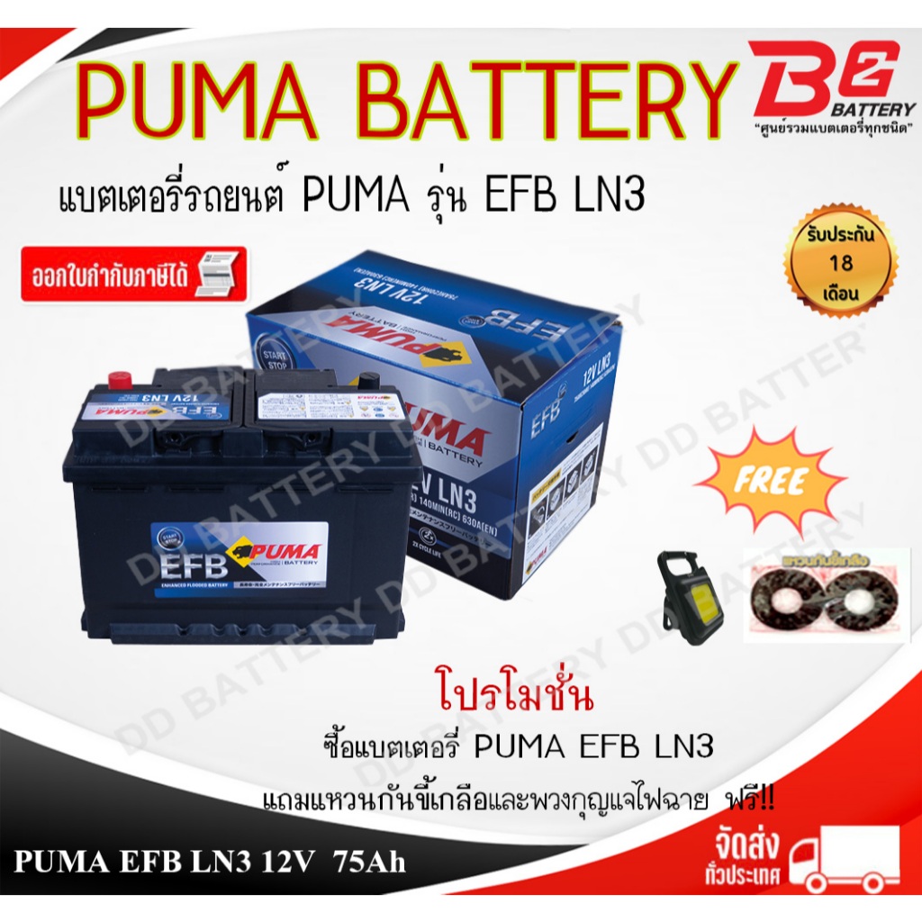 PUMA EFB LN3-SMF แบตรถยนต์ ขั้วจม แบบแห้ง พร้อมใช้ 12V 75Ah