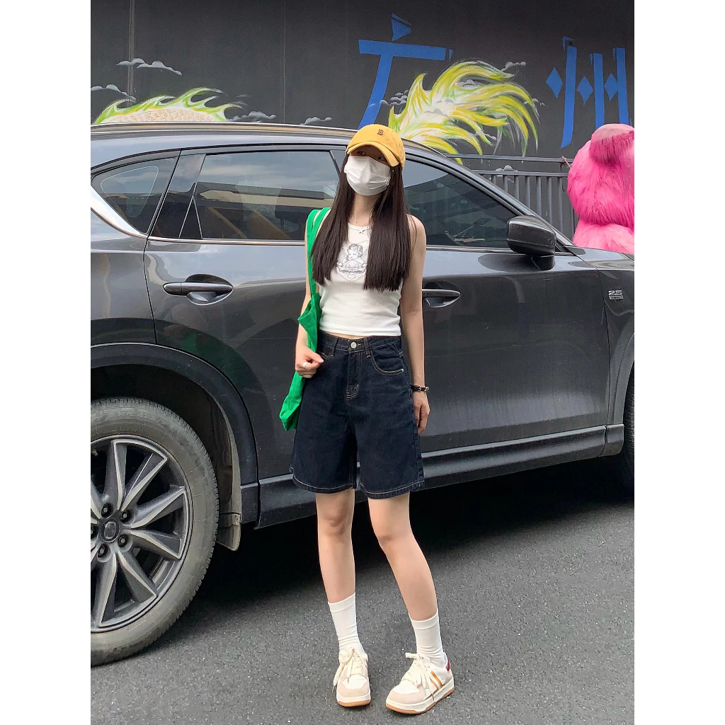 MentaCloset🖤กางเกงยีนส์5ส่วน กระบอกตรงสีฟอก กางเกงรุ่นใหม่เอวสูงดูผอม🩵6607