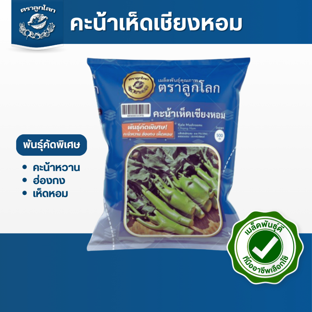 ตราลูกโลก เมล็ดคะน้า เห็ดหอม Kale mushrooms เมล็ดพันธุ์ผัก ผักสวนครัว ผักซอง