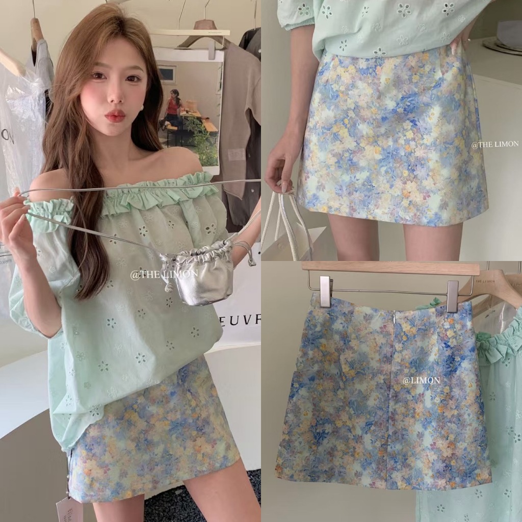🧡🧵 🇰🇷 8707 กะโปรงสั้น ลายดอกไม้ โทนฟ้า งานซิปหลังแฟชั่นเกาหลี TAG KOREA 🧵🧡