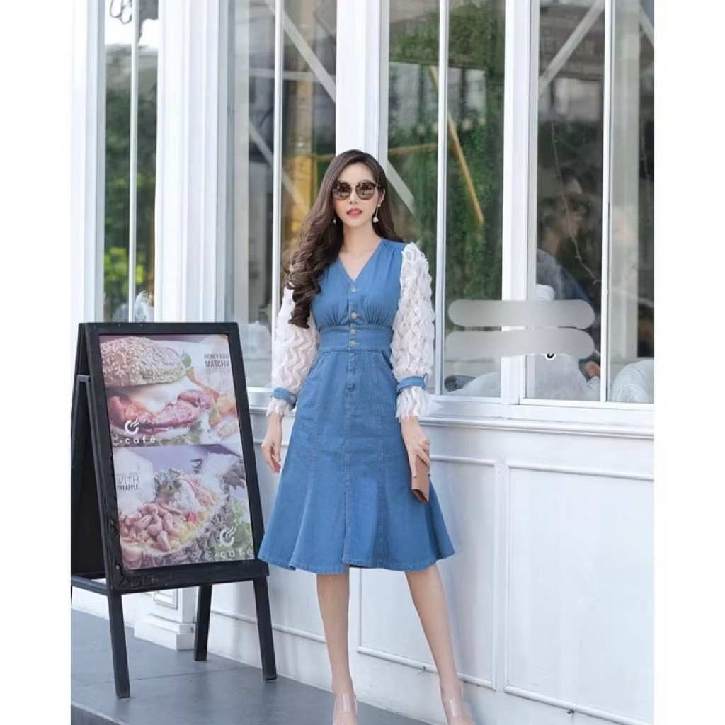 เดรสกระโปรงยีนส์ตัวยาว แขนแต่งตาข่าย ชายกระโปรงระบาย S-2XL