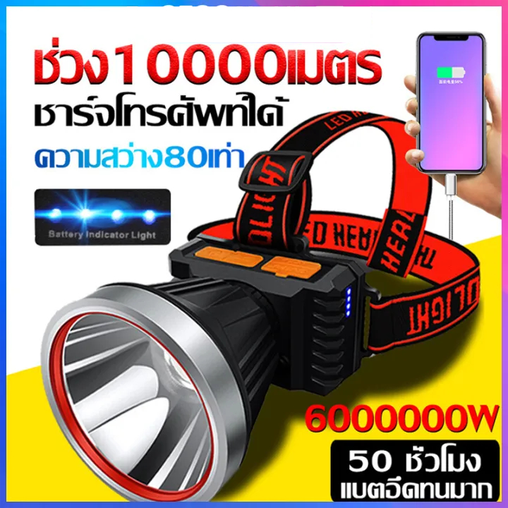 ไฟฉายคาดหัว 6000000w led headlight ไฟฉายคาดหัวแท้ ไฟฉายคาดหัวแรงสูง แบตเตอรี่ทนทาน กันน้ำกันฝน USB