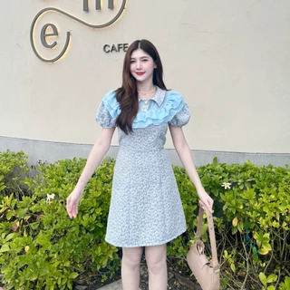 สินค้าพร้อมส่ง เดรสผ้าลัคชู ใส่ออกงาน งานบุญ งานบวช แขนตุ๊กตา คอปก กระดุมมุกแต่งระบายอกผ้าซีฟองพร้อมสายผูกเอว A1969