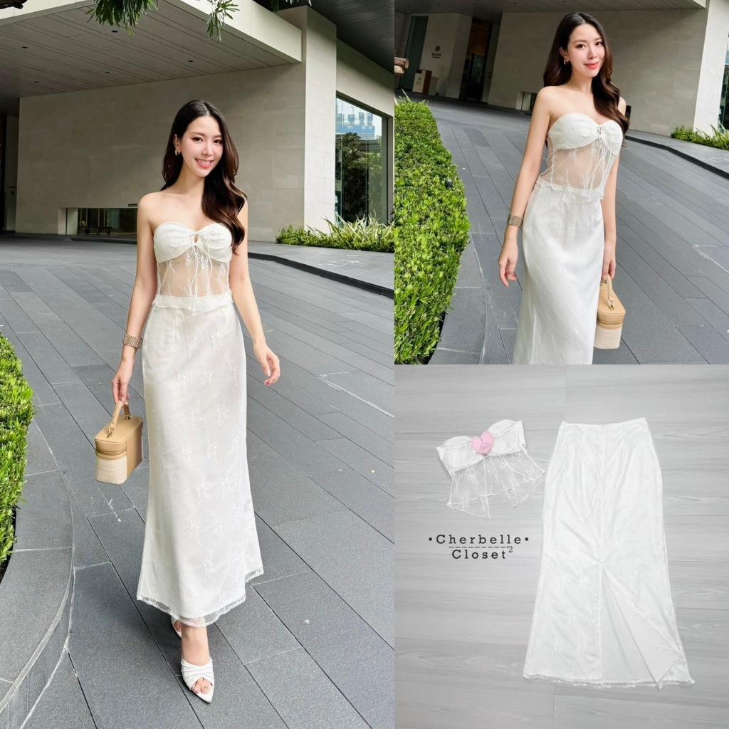 Cherbelle Closet CHB032 ชุดเซต เสื้อเกาะอกผ้าลูกไม้ แมทช์ กระโปรงเอวสูงผ่าหลัง