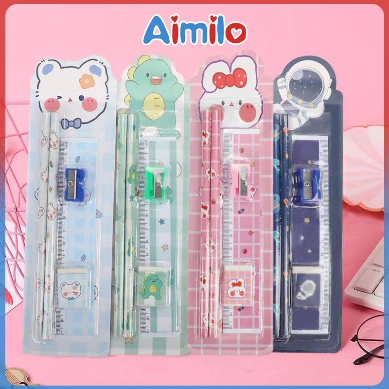 Aimilo พร้อมจัดส่ง ดินสอ เครื่องเขียนตัวการ์ตูน  ดินสอ กบเหลา ยางลบ ไม้บรรทัด ครบเซ็ท
