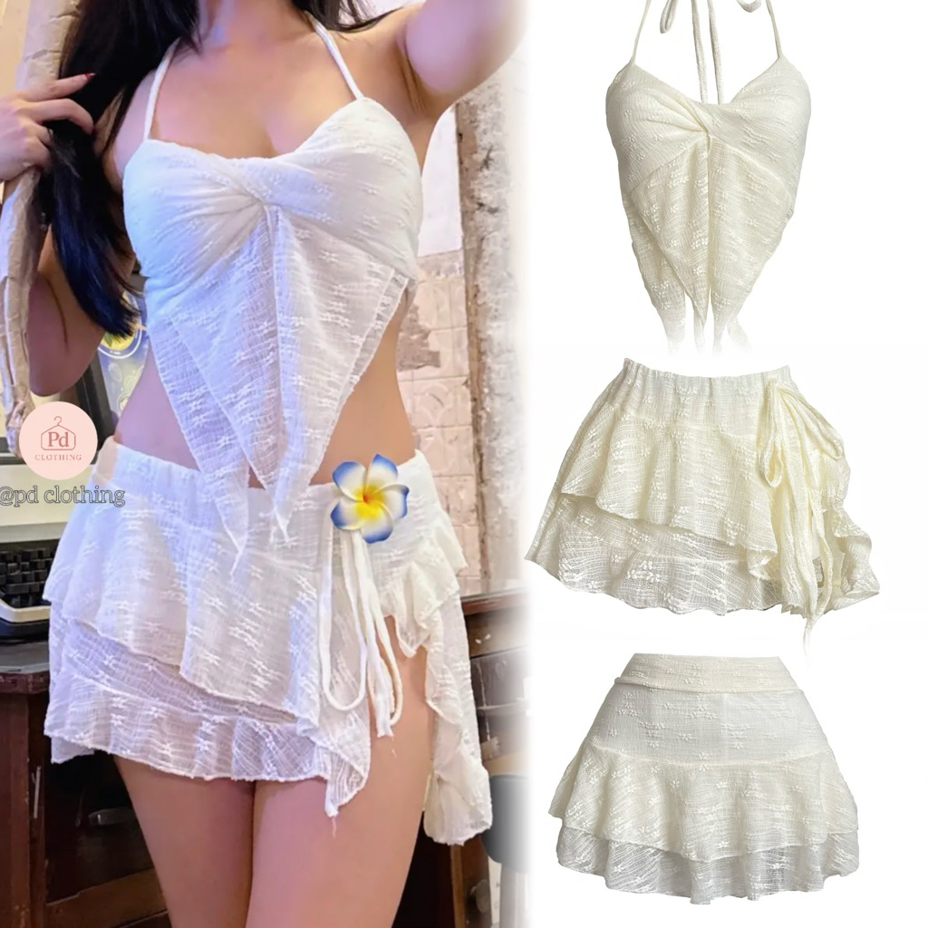 PD ส่งของทุกวัน ชุดฟีลทะเล เสื้อคล้องคอ กระโปรงระบายชั้นกับกระโปรงผ่าหน้าเเยกชิ้นได้