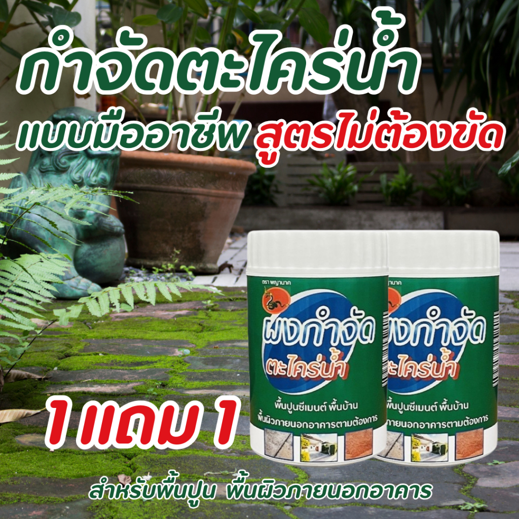 1 แถม 1 ผงกำจัดตะไคร่น้ำ ตราพญานาค สูตรไม่ต้องขัด สูตรเข้มข้น ระเบิดตะไคร่น้ำ สำหรับพื้นปูน