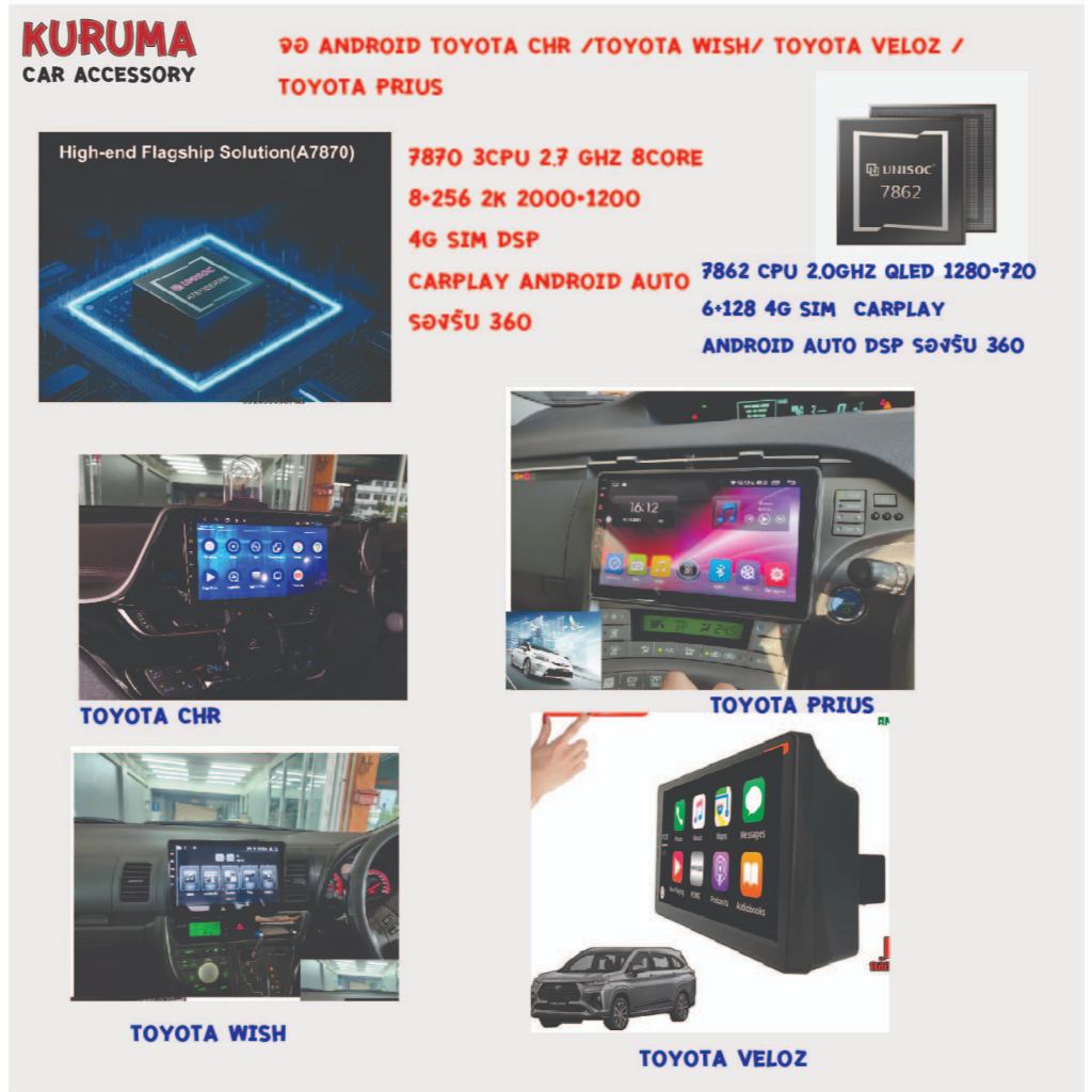 จอ android Toyota CHR/TOYOTA WISH/TOYOTA PRIUS/TOYOTA VELOZ 7862 3CPU 2.7GHZ 8+256 2k 360/7862 2CPU 