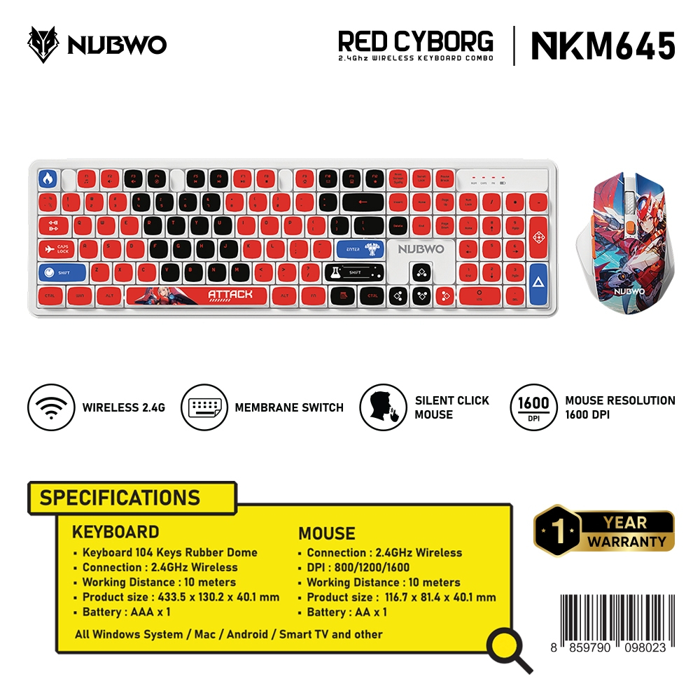 Nubwo NKM-645 Keyboard+Mouse Wireless RubberDomeSwitch แป้นพิมพ์ชุดเมาส์คีย์บอร์ดไร้สาย