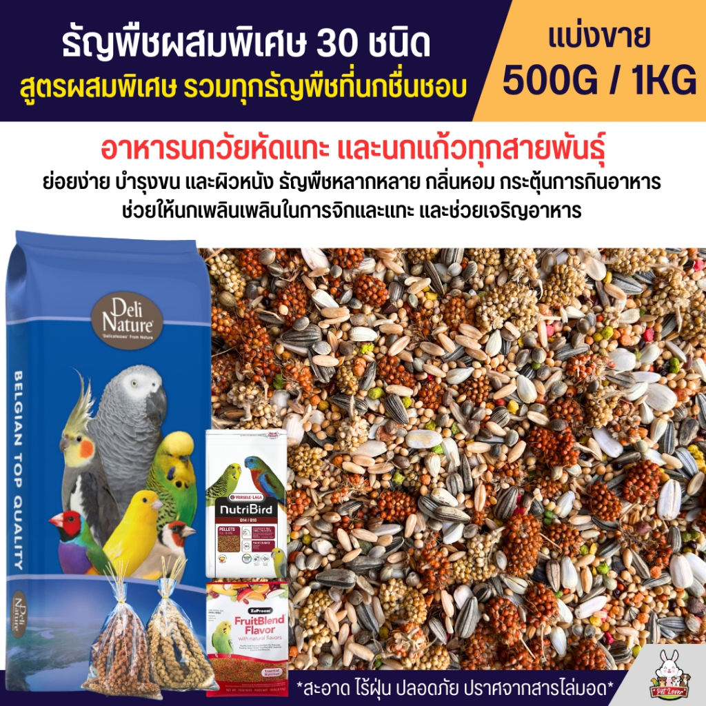 Petlover ธัญพืชผสมพิเศษกว่า 30 ชนิด สำหรับนกวัยหัดแทะ และนกแก้วทุกสายพันธุ์ (แบ่งขาย 500G / 1KG)