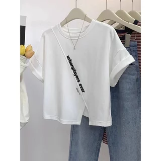 เสื้อครอปคนอ้วนไซส์ใหญ่ oversize เสื้อผ้าสาวอวบคนอ้วนน่ารัก เสื้อยืดสวยๆผู้หญิงแขนสั้นแบบหลวมสไตล์เกาหลี สกรีนลายวินเทจ