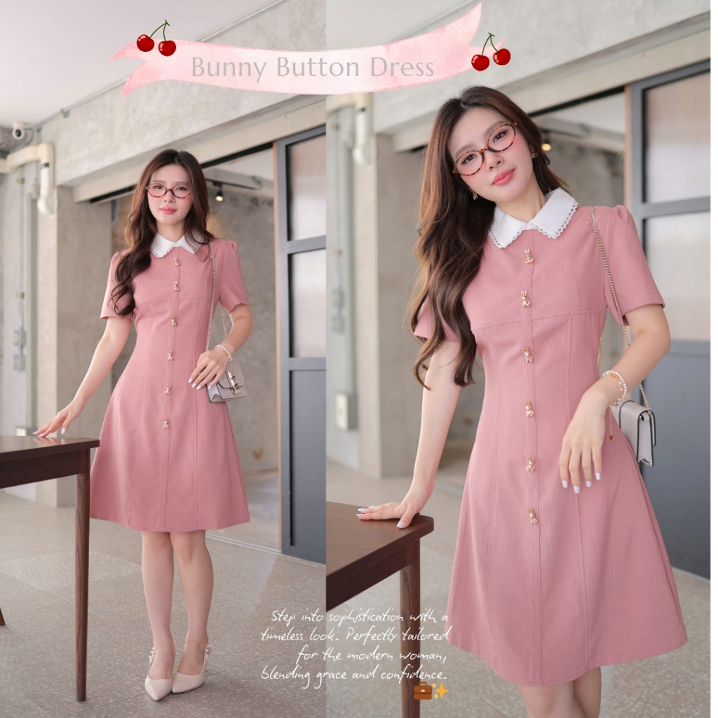 Romi”Oil” J515 Bunny Button Dress (Pink) ชุดเดรสสีชมพู (คอปกขาวแต่งกระดุมกระต่ายสีทอง)(ไม่แนะนำให้แช่ผ้านะคะ) – โปรปัง