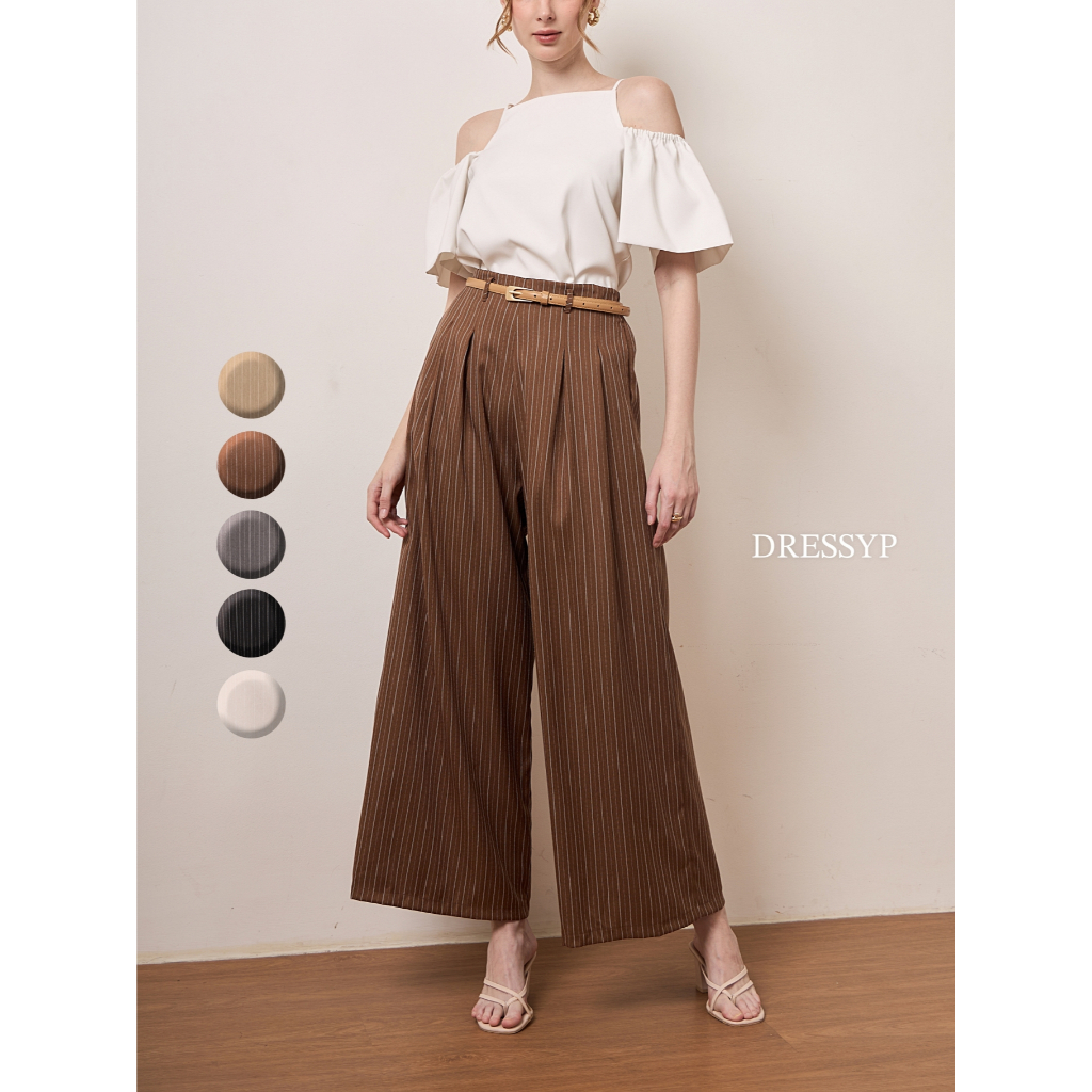 dressyp - Striped Sandal Trousers กางเกงขายาวเอวสูง ทรงกระบอกใหญ่ ลายริ้วเล็ก ดีเทลแต่งจีบหน้า DP605