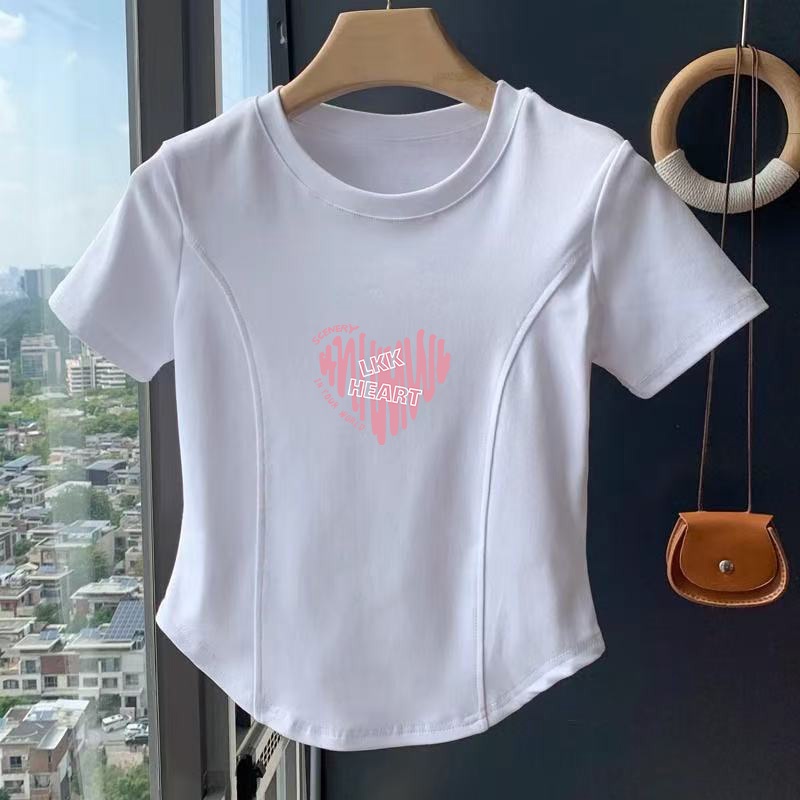 ส่งจากกทม🌼เสื้อพิมพ์ลายหัวใจ หญิงเสื้อยืดแขนสั้น เสื้อยืดคอก ทรงสลิมฟิต ผ้านิ่มสวมใส่สบาย มีไซส์ S-XLกร