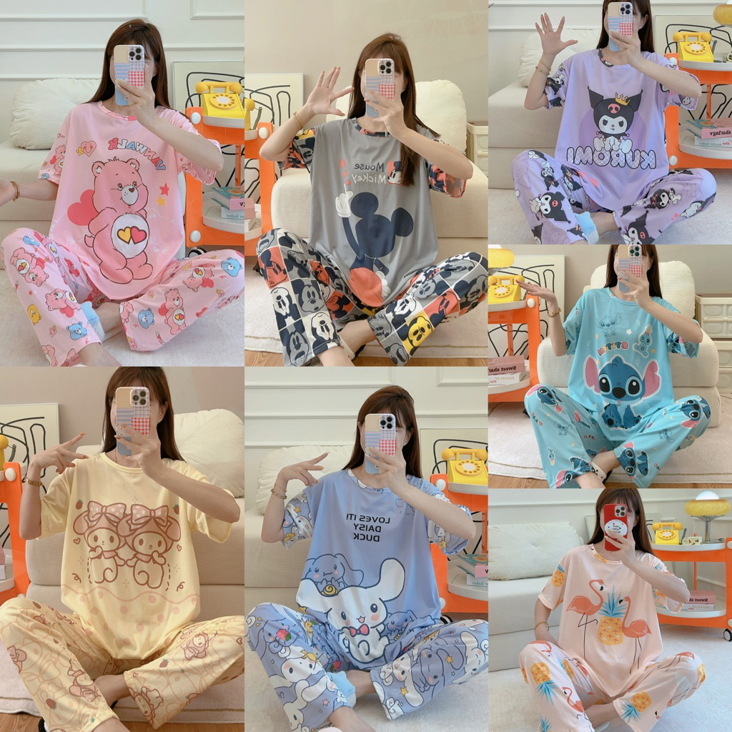 ชุดนอนแขนสั้น ลาย ชุดนอนลายกาตูน  ชุดนอนพิมพ์ลายการ์ตูน เสื้อยืดคอกลม+กางเกง