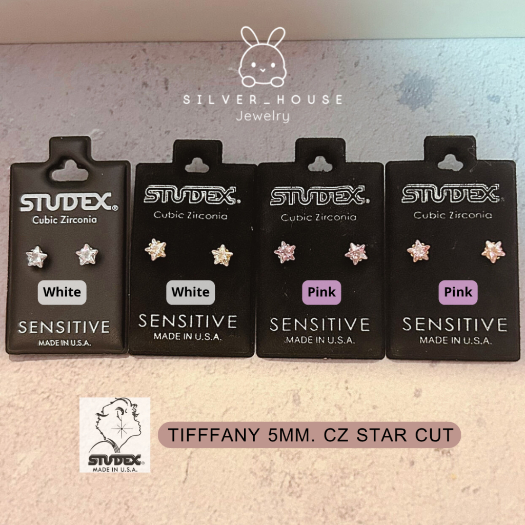 STUDEX ต่างหูสำหรับคนแพ้ง่ายนำเข้าจาก U.S.A.​ Cubic​ Zirconia รูปดาว/รูปทรงกระบอก/รูปหัวใจ​