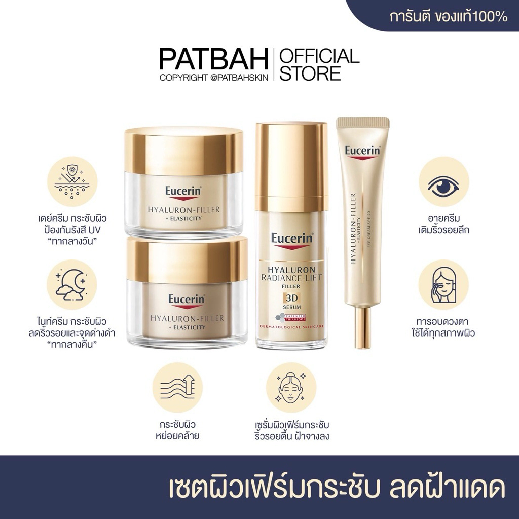Eucerin เซตผิวเฟิร์มกระชับ 4 ชิ้น* ลดฝ้าแดด ริ้วรอยร่องลึก (HYALURON 3D SERUM + EYE CREAM + DAY CREAM + NIGHT CREAM)
