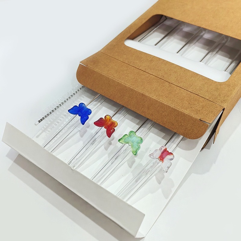 ชุดหลอดแก้ว มีแปรงล้างหลอด หลอดลายโบว์ หลอดรูปผีเสื้อ หลอดแก้วดูดน้ำ หลอดเครื่องดื่ม ทนต่ออุณหภูมิ Straw - รูปที่ 2