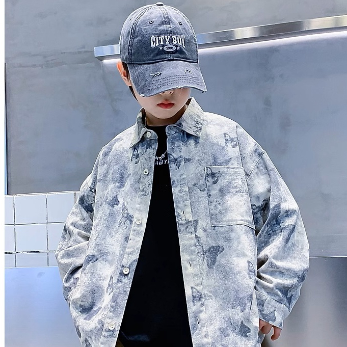 fashiongirl1688 เสื้อเชิ้ตแขนยาว ลายมัดย้อมและผีเสื้อเล็กๆ ไซส์เล็กสำหรับเด็กผู้ชาย เท่ๆสไตล์เกาหลี