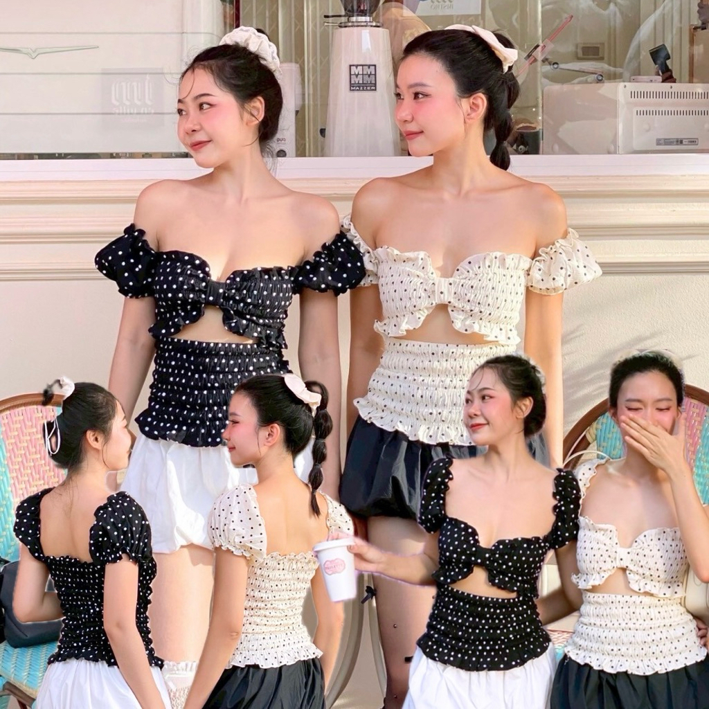 🌼งานป้าย suwimol🌼 SET เสื้อแขนตุ๊กตาเกาะอกระบาย แหวกอกรูปโบว์+กางเกง รุ่นมาการองลายจุด - รูปที่ 7