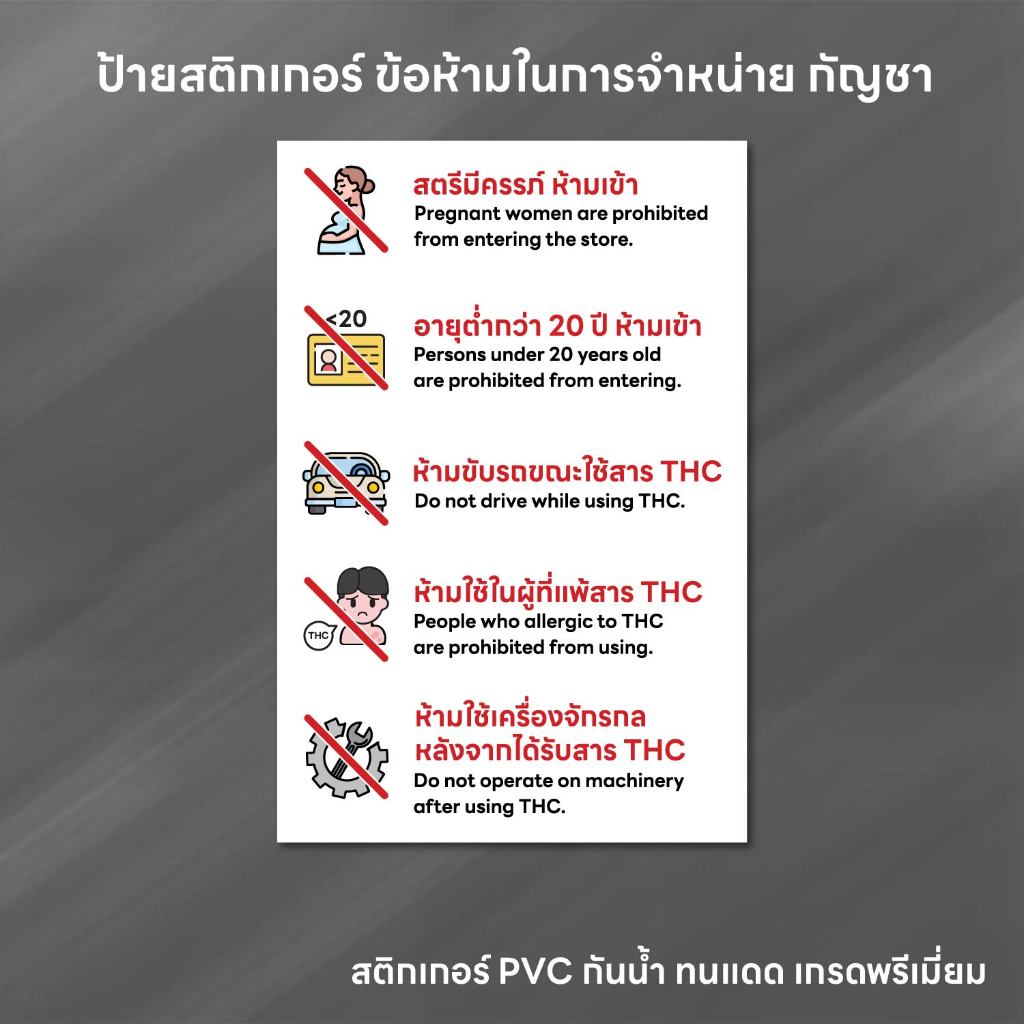 (N255) ข้อห้ามจำหน่ายกัญชา ป้ายเตือนหลังได้รับสาร THC ป้ายสติกเกอร์ PVC 3M กันน้ำ คุณภาพดีเยี่ยม