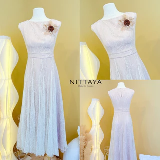 [NITTAYA] D2745 ชุดเดรสกระโปรงยาวคอกลมแขนกุดเข็มกลัดดอกไม้ลูกไม้ซีทรูผู้ดีใส่ดินเนอร์ งานแต่ง ออกเดท