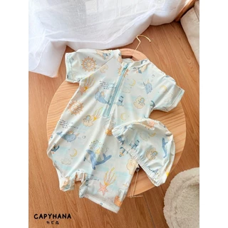 CAPYHANA ชุดว่ายน้ำเด็กทารก Summer ชุดเที่ยวทะเล ชุดว่ายน้ำเด็กลายทะเล พร้อมหมวก (ชุดว่ายน้ำทะเล)