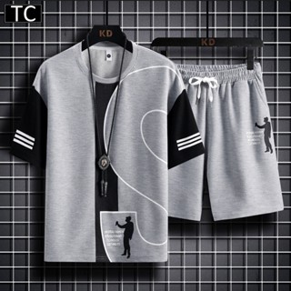 TC ชุดแฟชั่นชาย 2 ชิ้น เสื้อทีเชิร์ต (เสื้อ+กางเกงขาสั้น) คอ…