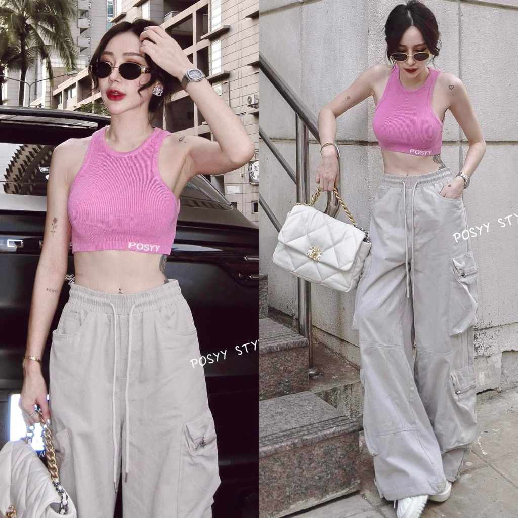 🔥🔥 Possy Style หายากมาก ทั้งชุด มือ 1 ป้ายห้อย ☑️ - Set เสื้อกล้ามครอป + กางเกงคาร์โก้ซิป 🩷🩶
