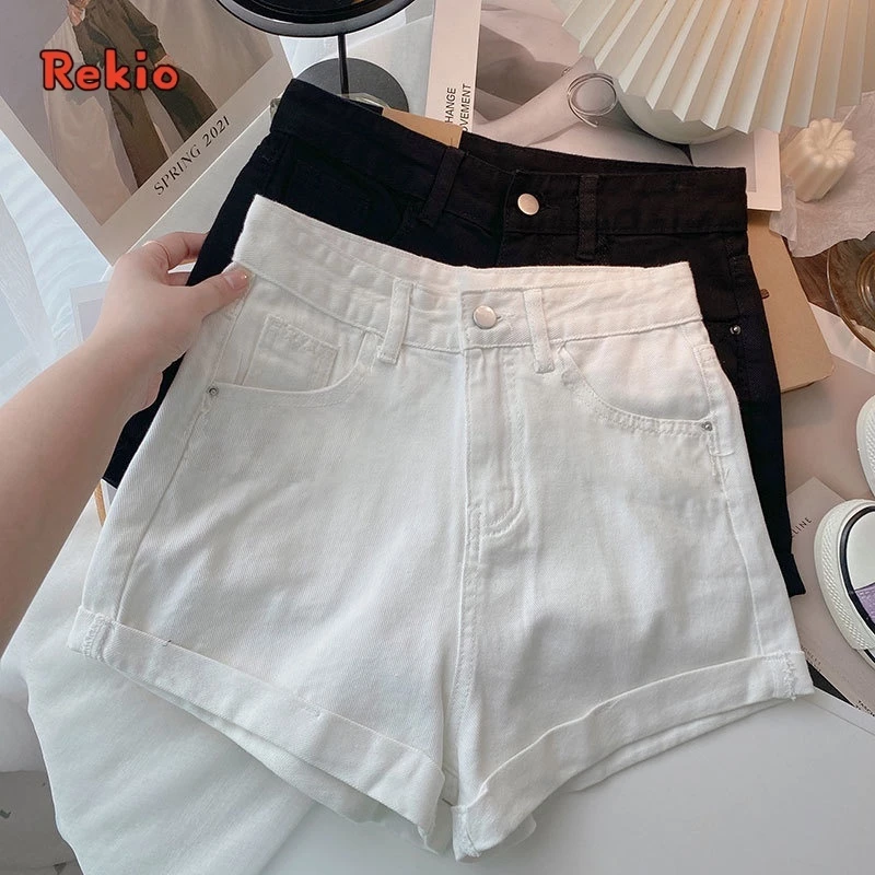 REKIO S-6XL(25-39) ผู้หญิงเกาหลีกางเกงยีนส์ขาสั้น เอวสูงเรียบๆกางเกงขาสั้น