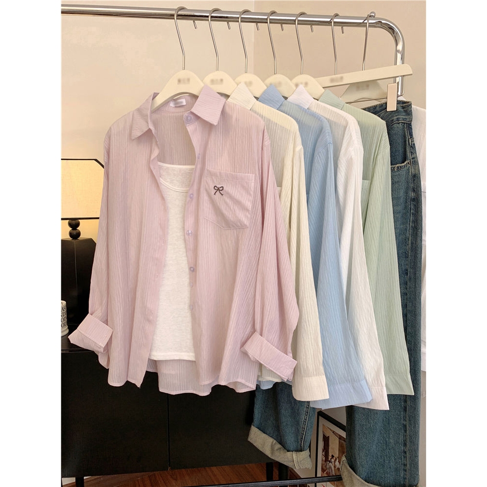เสื้อเชิ้ต เสื้อเชิ้ตกันเเดด สีพื้น สไตล์เกาหลี เเต่งโบว์ด้านหน้า#2321