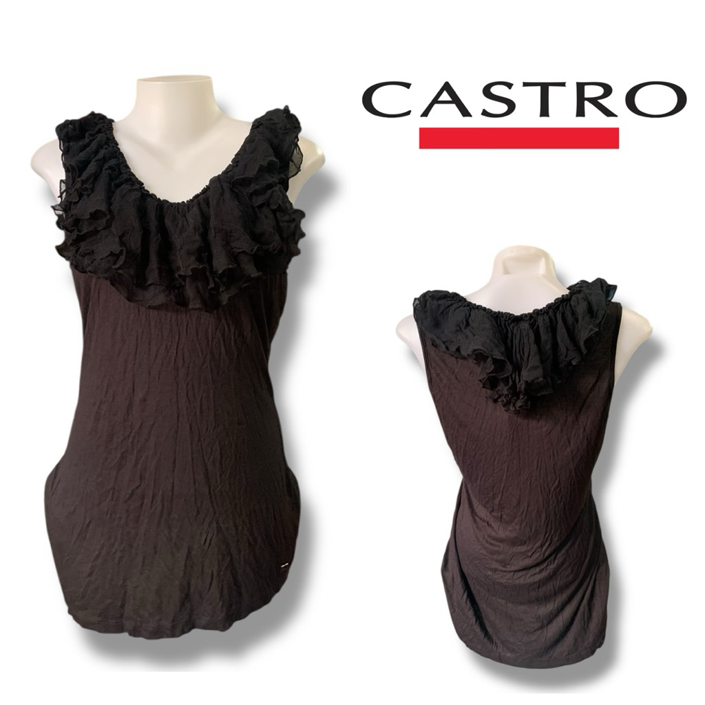 Castro ( GC487 ) เสื้อกล้าม ผู้หญิง สีดำ ระบายคอ ผ้ายืด ของแท้ มือหนึ่ง เซลเก่าเก็บ