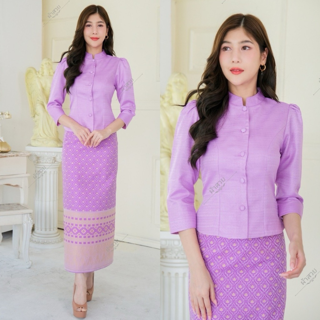 ชุดผ้าไหมจิตรดาอัดผ้ากาว แขน5ส่วน(เสื้อ + ผ้าถุงป้ายฟรีไซด์ติดตะขอ)